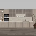 Modern Minimalist Open Kitchen Interior with Wooden Cabinets White Walls Sink Oven and Green Plant