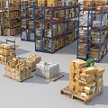 Multi Layered Storage Racks Loaded With Stacked Boxes In Warehouse Setting With Mobile Trolleys 3d model