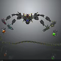 Mechanical Spider With Small Mechanical Insects And Long Chain Like Structure On Dark Surface 3d model