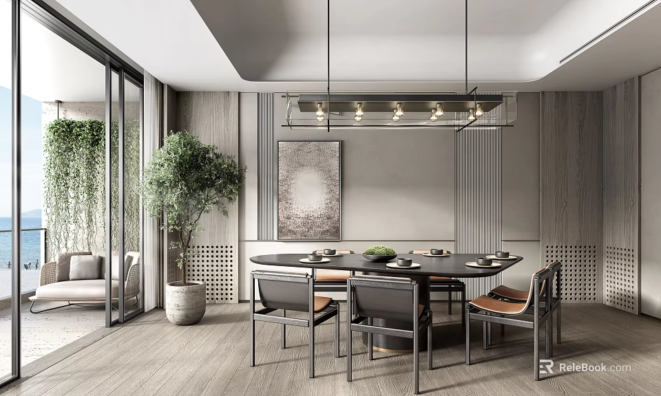 Modern Restaurant Interior With Round Dining Table Chairs Pendant Lights And Green Plant 3d model 