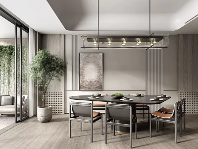 Modern Restaurant Interior With Round Dining Table Chairs Pendant Lights And Green Plant 3d model