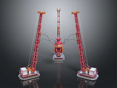 Three Red Construction Cranes With Central Main Structure And White Base Pedestals 3d model