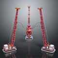 Three Red Construction Cranes With Central Main Structure And White Base Pedestals 3d model