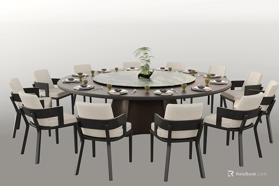 Modern Round Dining Table Set With Upholstered Chairs Tableware And Center Plant 3d model
