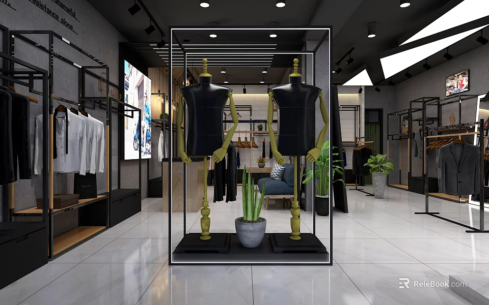 Modern Clothing Store Interior With Mannequins Clothing Racks And Green Plants 3d model 