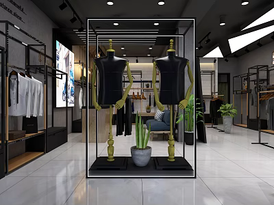 Modern Clothing Store Interior With Mannequins Clothing Racks And Green Plants 3d model