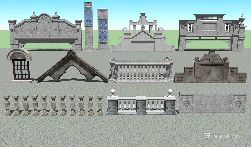 Ornamental Fence Collection Featuring Various Architectural Styles and Decorative Elements 3d model