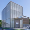 Modern Sales Office Building Facade With Vertical Grilles Glass Curtain Walls And Water Feature