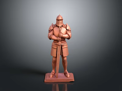 Bronze Medieval Knight Statue in Armor Standing with Sword on Base 3d model