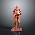 Bronze Medieval Knight Statue in Armor Standing with Sword on Base