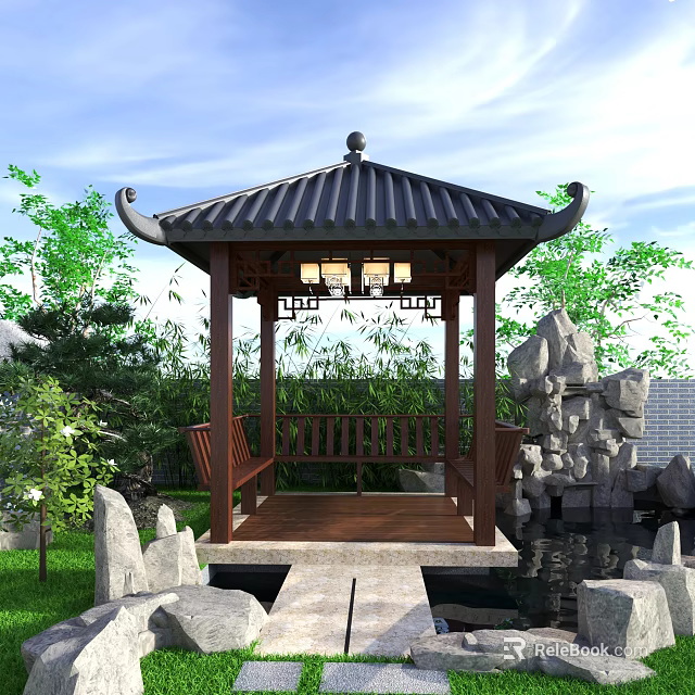 Chinese Style Pavilion With Black Roof Wooden Structure Green Plants Rock Formations And Pond 3d model 