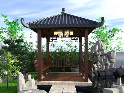 Chinese Style Pavilion With Black Roof Wooden Structure Green Plants Rock Formations And Pond 3d model