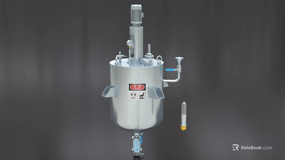 Stainless Steel Industrial Mixing Reactor With Agitator Motor And Pipes Valves 3d model 