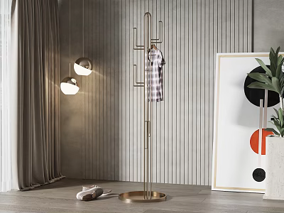 Modern Metal Coat Rack Holding Checkered Shirt With Shoes Green Plant And Decorative Art 3d model