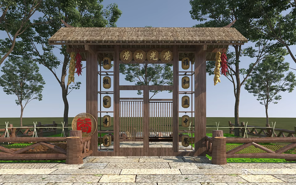 Chinese Style Garden Gateway With Thatched Roof Red Decorations Surrounded By Trees And Stone Path 3d model 