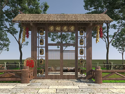 Chinese Style Garden Gateway With Thatched Roof Red Decorations Surrounded By Trees And Stone Path 3d model