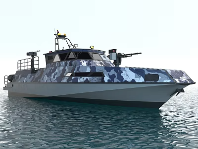 Military Camouflage Speedboat Floating On Calm Water Surface With Machine Gun Railing And Cockpit Structure 3d model