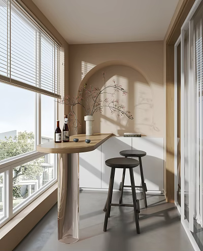 Home Balcony Design With Blinds Arched Doorway Flower Branch In Vase Counter Black Stools 3d model