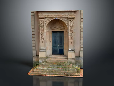 Traditional Building Entrance With Arched Carved Door Stone Steps And Beige Walls 3d model