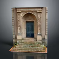 Traditional Building Entrance With Arched Carved Door Stone Steps And Beige Walls