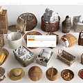Handmade Woven Baskets and Storage Containers with Towels Corn Nuts and Decorative Items