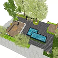 Courtyard Garden Design With Paved Ground Blue Water Feature Trees Green Plants And Seating Area