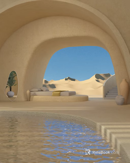 Scenic View From Indoor Arched Opening With Blue Sky And Sand Dunes By Pool Water 3d model 