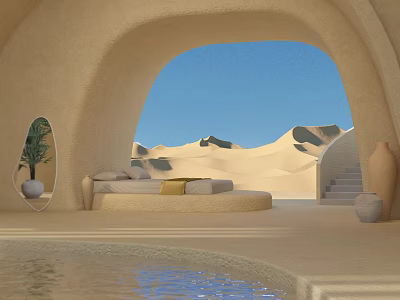 Scenic View From Indoor Arched Opening With Blue Sky And Sand Dunes By Pool Water 3d model