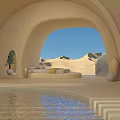 Scenic View From Indoor Arched Opening With Blue Sky And Sand Dunes By Pool Water