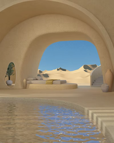 Scenic View From Indoor Arched Opening With Blue Sky And Sand Dunes By Pool Water 3d model