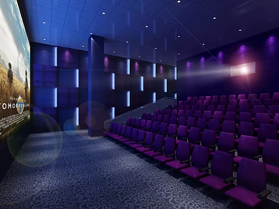 Modern Cinema Interior With Purple Seats Large Screen And Ambient Lighting 3d model