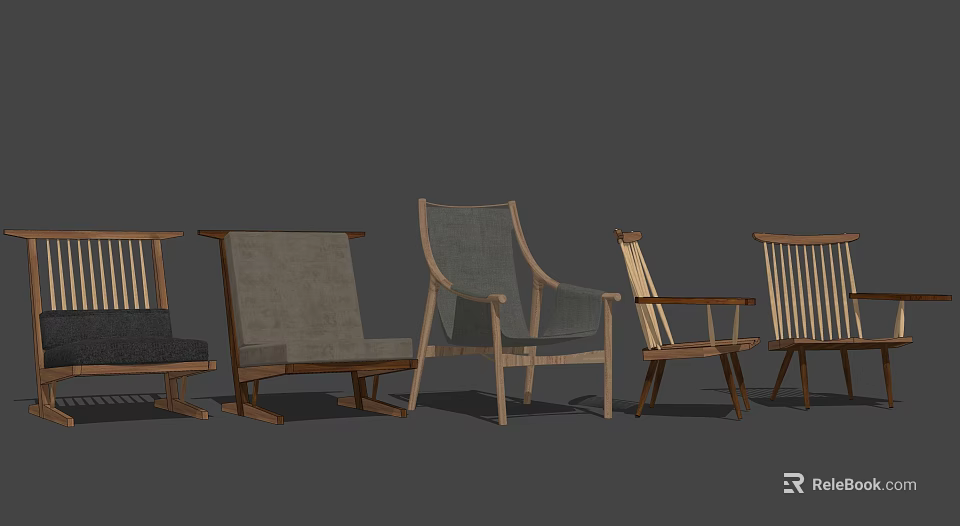 Leisure Chairs With Various Designs Wooden Frames And Fabric Seats In Modern Style 3d model 