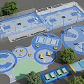 Outdoor Sports Fitness Facility With Basketball Courts Multi Sport Zones And Trees