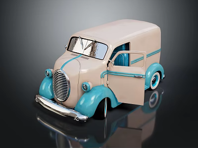 Vintage Beige And Blue Toy Car With Open Door And Shiny Metallic Finish 3d model
