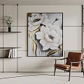Botanical Painting With White Flowers And Golden Details Hanging In Living Room With Armchair And Shelves