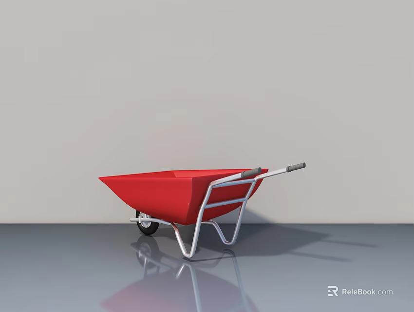 Red Wheelbarrow With White Frame And Black Wheels On Gray Floor With Reflection 3d model