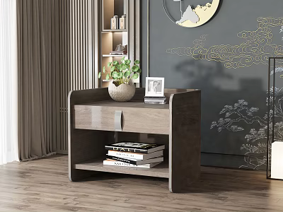 Wooden Nightstand with Potted Plant Photo Frame and Books on Lower Shelf 3d model