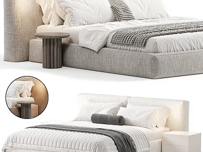Modern Double Bed With Upholstered Headboard Soft Pillows Striped Throw And Nightstand 3d model