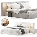 Modern Double Bed With Upholstered Headboard Soft Pillows Striped Throw And Nightstand