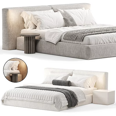 Modern Double Bed With Upholstered Headboard Soft Pillows Striped Throw And Nightstand 3d model