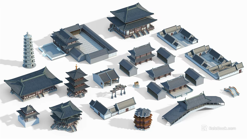 Ancient Chinese Architecture Models Featuring Traditional Pagodas Courtyards And Classic Roofs 3d model 