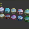 Cartoon Scene Featuring Spheres With City Landscapes And Natural Scenery In Rows With Reflections