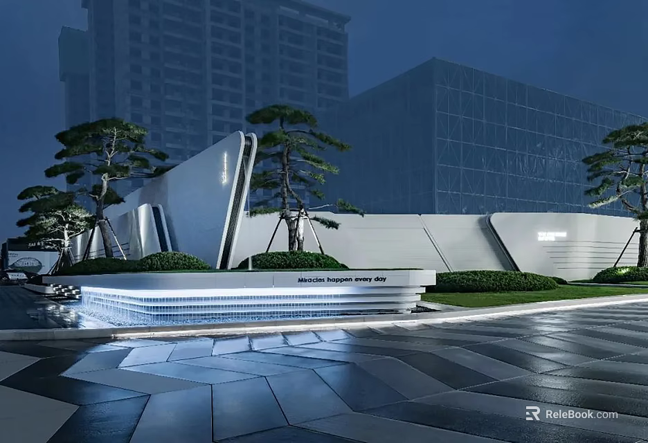 Modern Geometric Feature Wall With Pine Trees Lawn And Lighting In Urban Setting 3d model