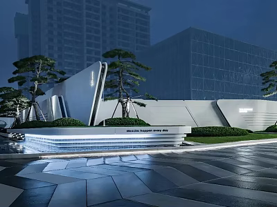 Modern Geometric Feature Wall With Pine Trees Lawn And Lighting In Urban Setting 3d model