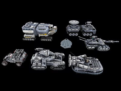Futuristic Military Mechanical Vehicle Models With Turrets Tracks And Armor 3d model