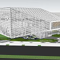 Modern Architectural Building With Grid Facade And Landscaped Green Area Featuring Geometric Design Elements 3d model