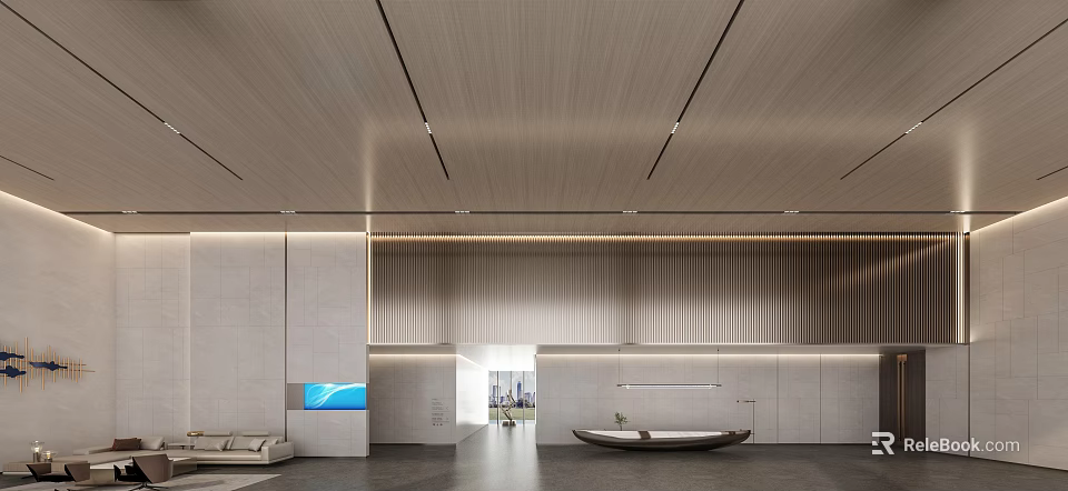 Modern Front Desk Reception Area With Wooden Ceiling Minimalist Lighting Sofa And TV Screen 3d model 