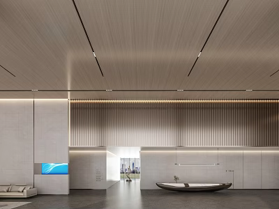 Modern Front Desk Reception Area With Wooden Ceiling Minimalist Lighting Sofa And TV Screen 3d model