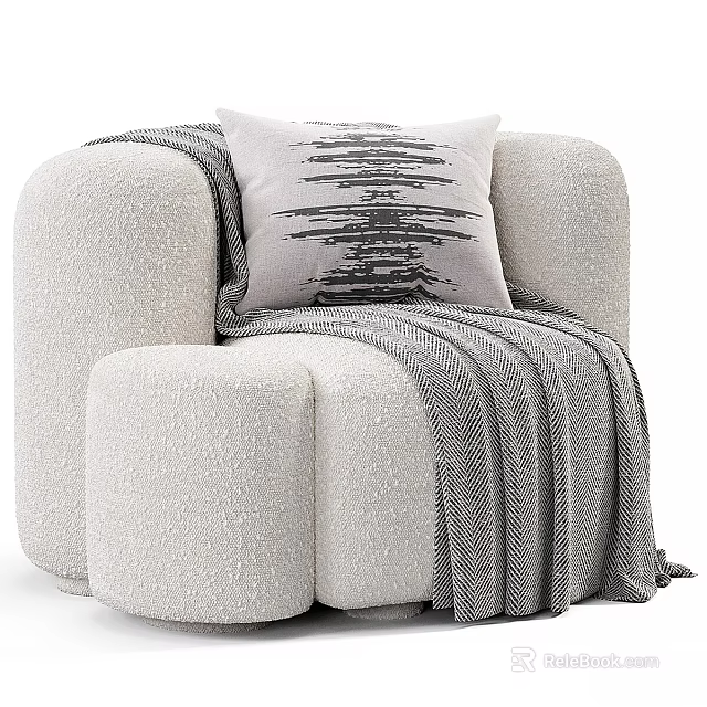 Soft Fabric Accent Chair with Striped Pillow Gray Blanket and Ottoman 3d model 
