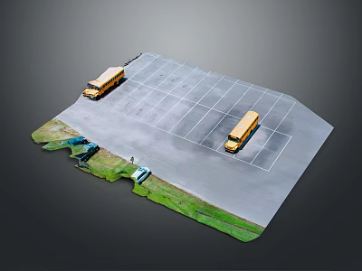 Parking Lot Model With Yellow School Buses Green Grass And Parking Spaces 3d model